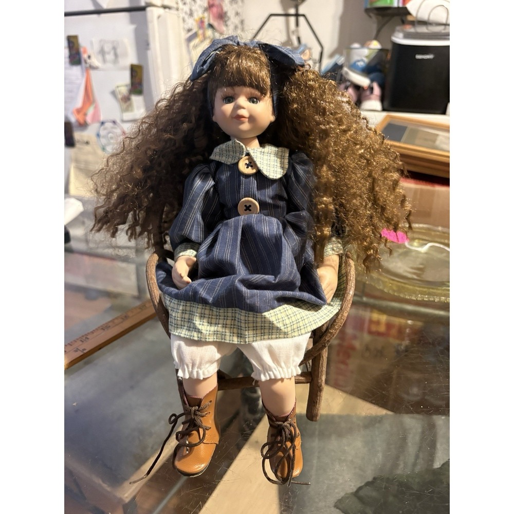 Vintage Porcelain Doll with Twig Chair 11" Blue Country Dress Curly Hair